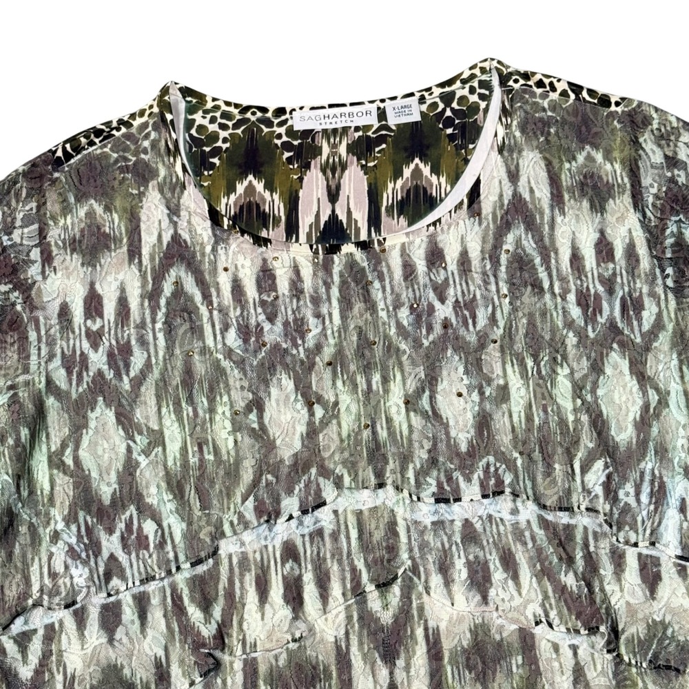 Sag Harbor Liquid Knit Blouse Stretch Womens XL Abstract Animal Print Top Artsy